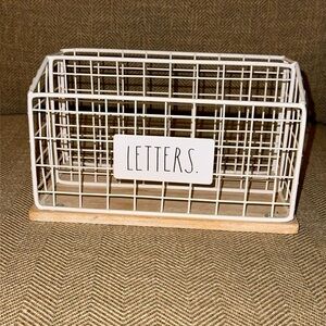 RAE DUNN White Wire LETTERS Mail Holder Wood Base 2Section Home Office Organizer